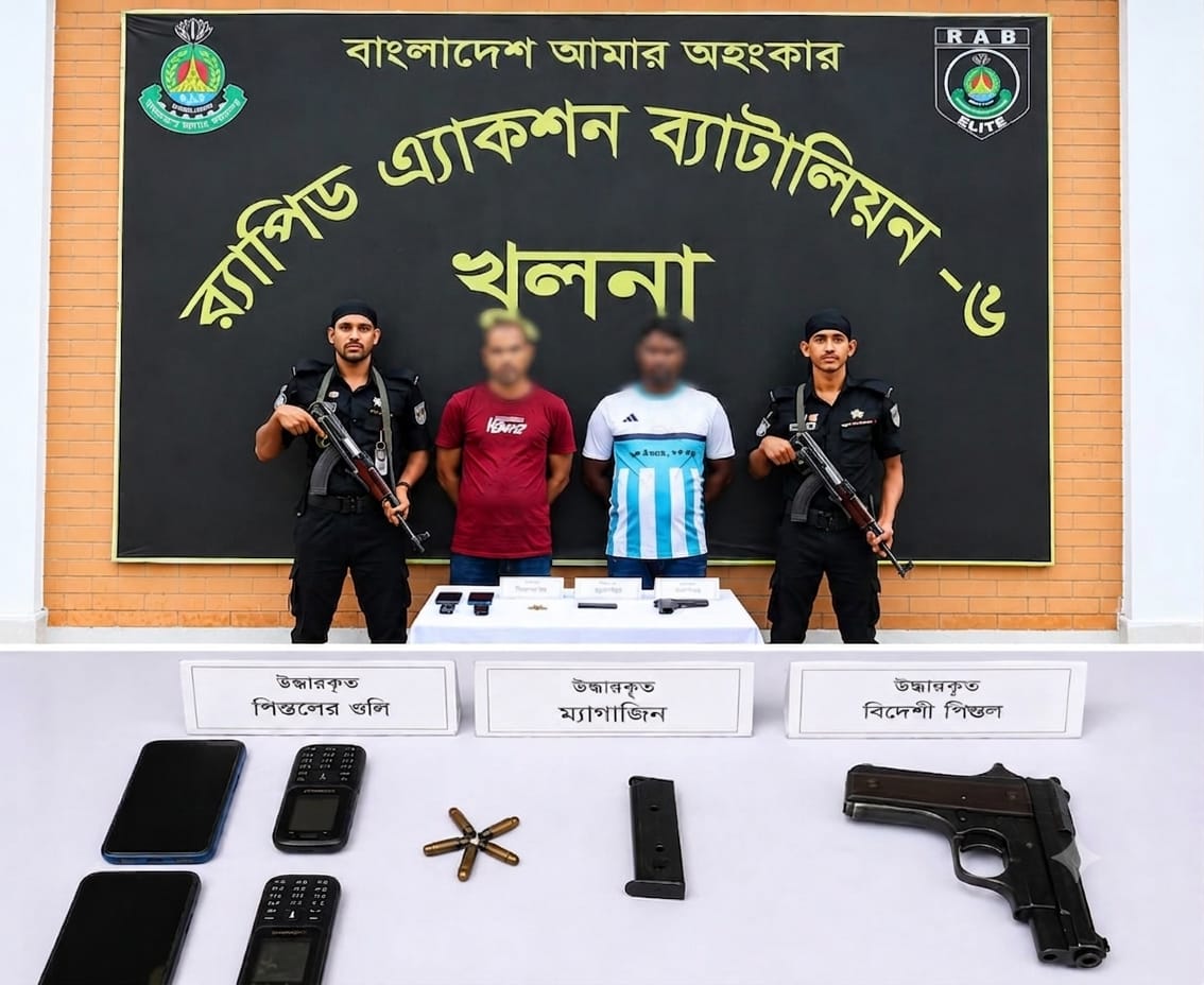 খুলনার লবণচরায় বিদেশি পিস্তল ও গুলিসহ দুই অস্ত্রধারী গ্রেপ্তার করেছে র‍্যাব-৬